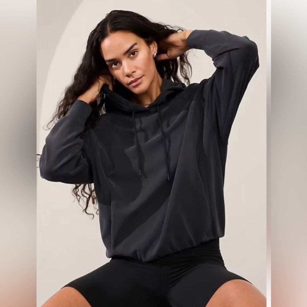 Athleta Hoodie Seasoft Bubble Hem Pullover Sweatshirt Black Size XL